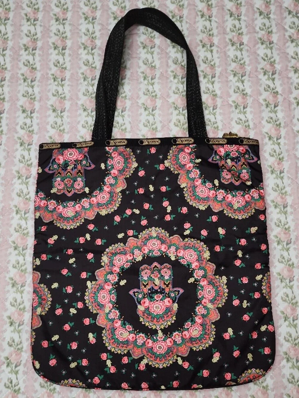 Rare Lesportsac Manoush Pink Ruffled Black Shoulder Bag